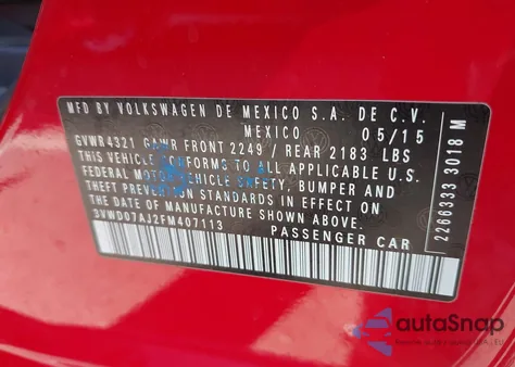 2015 Volkswagen Jetta 1.8T Se from USA, damaged, VIN 3VWD07AJ2FM407113